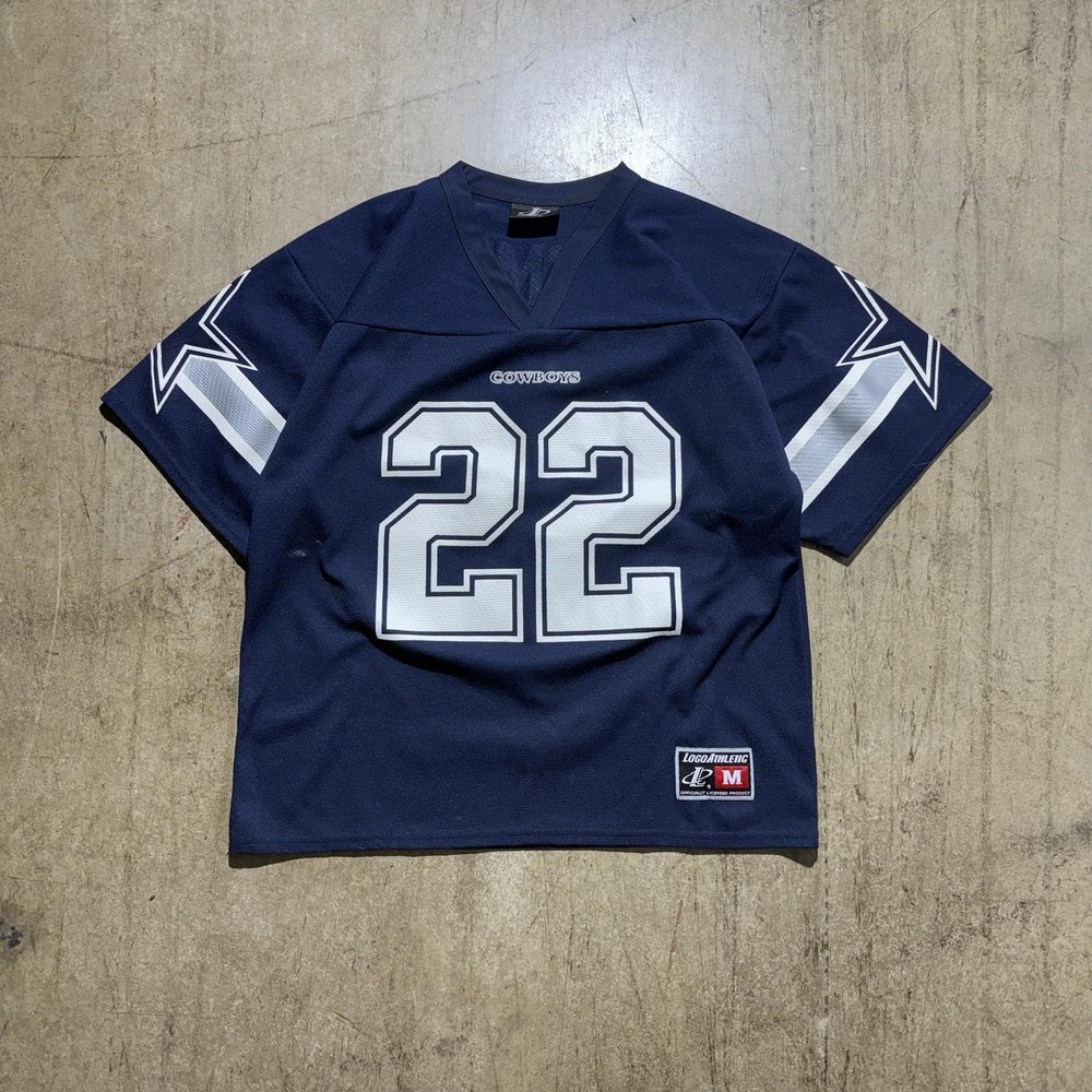 Vintage Dallas Cowboys Jersey Boys Medium Blue NFL Emmitt Smith 22 Logo Athletic
